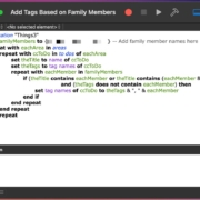 Screenshot of a script editor with a partially visible AppleScript code titled "Add Tags Based on Family Members". The code includes commands to set variables for family members, iterate through areas and to-dos, and conditionally add tags to items based on the presence of family member names within the item titles. The user interface shows the script editing window with options to run, stop, and share the script, and there is a description field below the code that is empty.