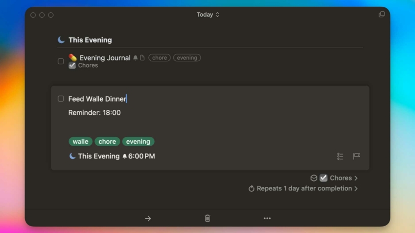 A task management app interface showing a to-do list titled "This Evening." One task is labeled "Feed Walle Dinner" with a reminder set for 18:00 (6:00 PM). The task has tags: "walle," "chore," and "evening." The task is part of the "Chores" group and repeats one day after completion. The background gradient transitions from orange to blue.