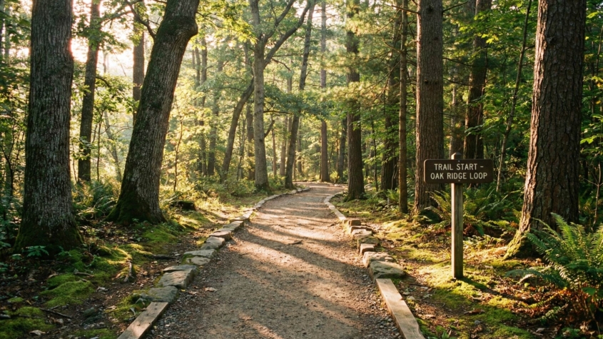 A well-maintained hiking trail extending forward through a sunlit forest, with a wooden trail marker reading 'Trail Start - Oak Ridge Loop' in the foreground.