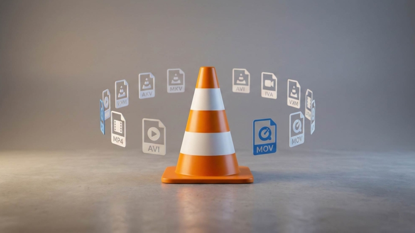 VLC Media Player's orange and white traffic cone icon centered on a gray surface, surrounded by a circular arrangement of media file format icons including MP4, AVI, MKV, MOV, and others