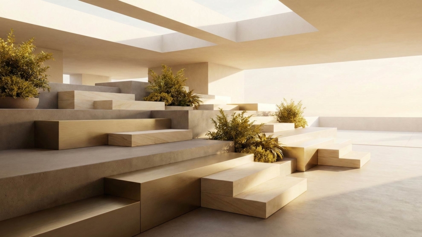Abstract geometric steps ascending forward and upward in warm natural light, with small plants growing along the platforms, leading toward a bright open space