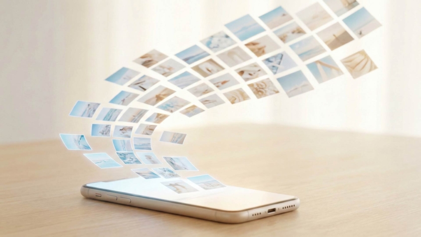 Photos flowing upward from a smartphone screen into an organized grid pattern, illustrating automatic cloud backup and photo organization
