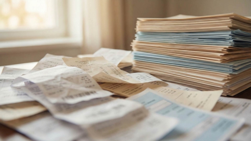 Financial documents and papers scattered in the foreground transitioning to neatly organized, color-coded stacks in the background, illustrating the process of gaining financial clarity