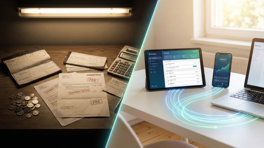 Split composition contrasting traditional banking on the left (cluttered checkbooks, paper statements stamped with 'FEE' and 'OVERDRAFT NOTICE,' scattered coins) with modern digital banking on the right (clean tablet and phone interfaces showing account growth, with glowing lines suggesting automated transfers)