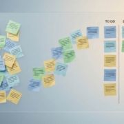 Task organization cards transitioning from scattered chaos on the left to organized kanban columns on the right, labeled TO DO, DOING, and DONE
