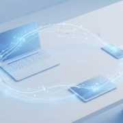 Three devices - laptop, tablet, and smartphone - connected by flowing glowing streams in a circular pattern, visualizing seamless cloud data synchronization