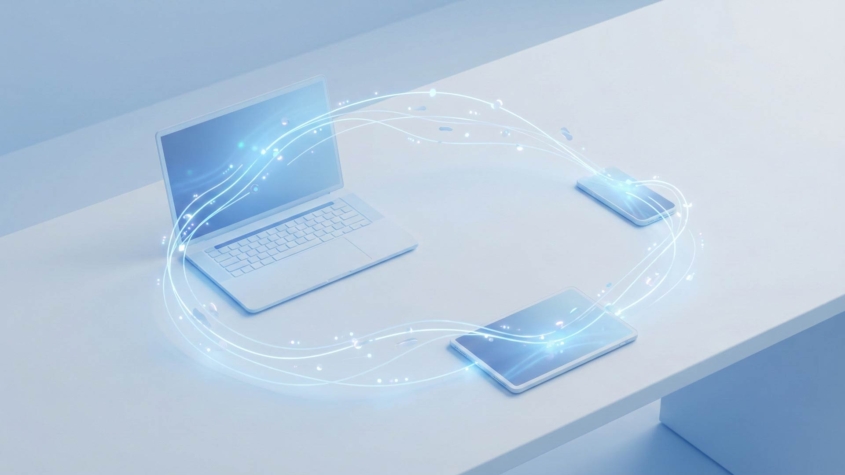 Three devices - laptop, tablet, and smartphone - connected by flowing glowing streams in a circular pattern, visualizing seamless cloud data synchronization