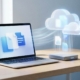 Laptop, external hard drive, and cloud storage icon connected by glowing data streams with file icons flowing between them, illustrating multi-location backup redundancy