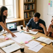 Three educators collaborating around a table covered with notebooks, sketches, and sticky notes in a bright office with bookshelves and a whiteboard, actively discussing and planning together