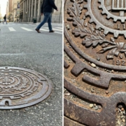 Split composition showing a manhole cover: left side shows pedestrians walking past on a city street; right side reveals close-up intricate decorative details including gears, laurel wreaths, and the date 1923