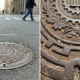 Split composition showing a manhole cover: left side shows pedestrians walking past on a city street; right side reveals close-up intricate decorative details including gears, laurel wreaths, and the date 1923
