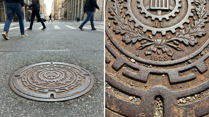 Split composition showing a manhole cover: left side shows pedestrians walking past on a city street; right side reveals close-up intricate decorative details including gears, laurel wreaths, and the date 1923