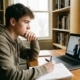 High school student watching a video of themselves presenting on a laptop screen while taking notes in a notebook, engaged in reflective self-assessment in a study environment with bookshelves
