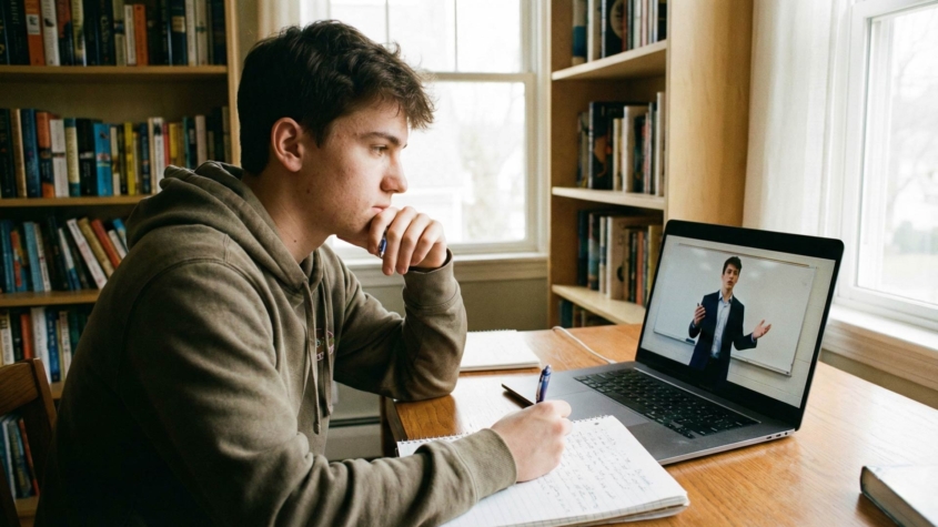 High school student watching a video of themselves presenting on a laptop screen while taking notes in a notebook, engaged in reflective self-assessment in a study environment with bookshelves