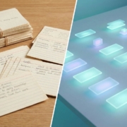 A split composition comparing traditional and digital study methods: messy stacks of handwritten paper flashcards on the left versus organized, glowing holographic data blocks on the right.
