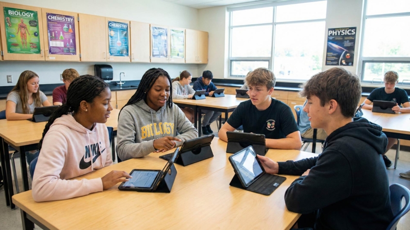 Four high school students collaborating around a table in a science classroom, each working on tablets with protective cases, with Biology, Chemistry, and Physics posters visible on the walls and additional students working at tables in the background