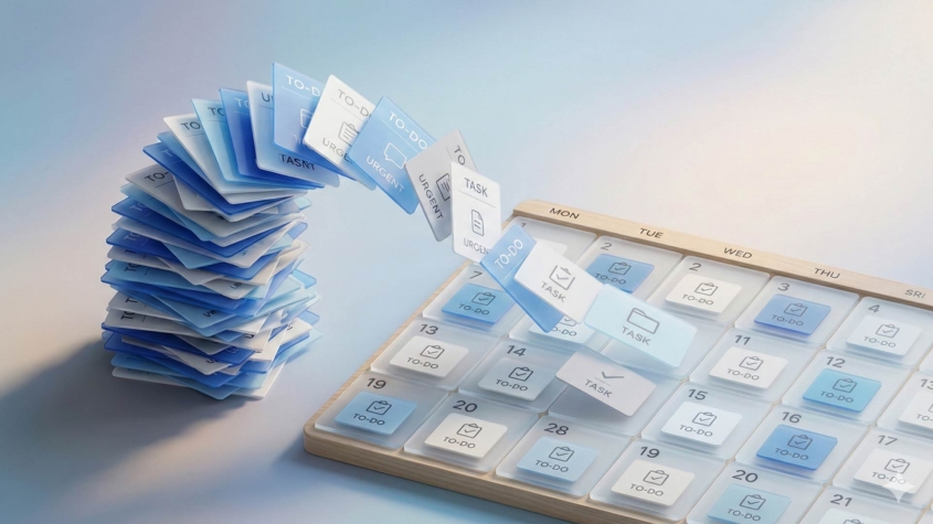 Stack of task cards on the left flowing into a calendar grid on the right, with one task card placed on each consecutive day, illustrating sequential daily task distribution