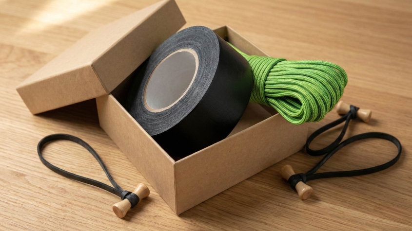 Kraft paper gift box containing a roll of black gaff tape, coiled bright green 550 paracord, and bamboo Bongo Ties with elastic loops on a wooden surface